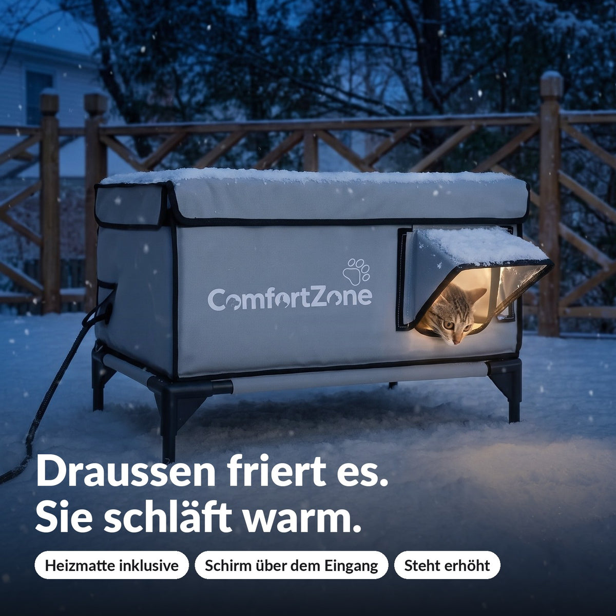 Comfort Zone bei Nacht im Garten: beheizter Unterschlupf für Katzen draussen