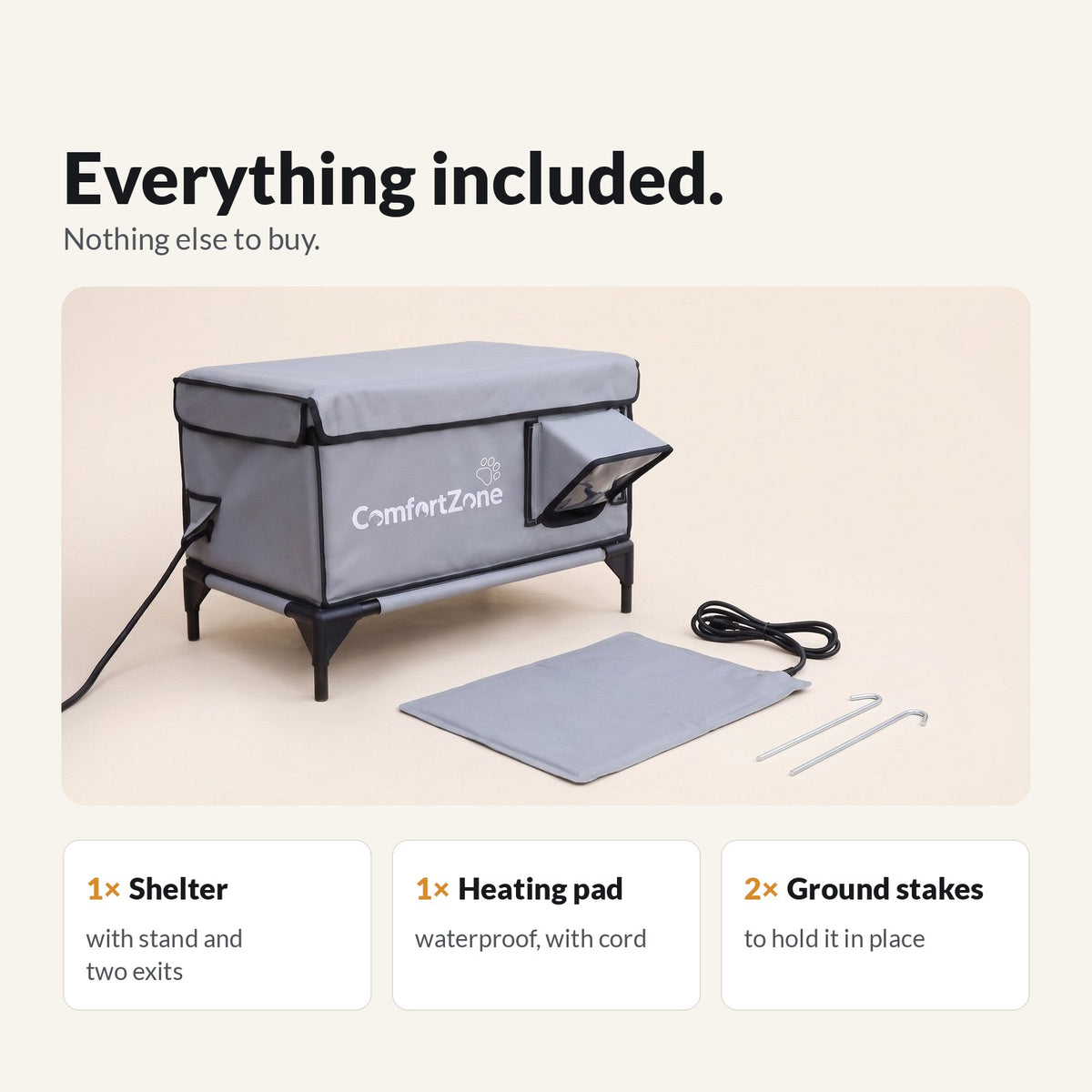 What is included with the Comfort Zone: shelter, heating pad and two ground stakes